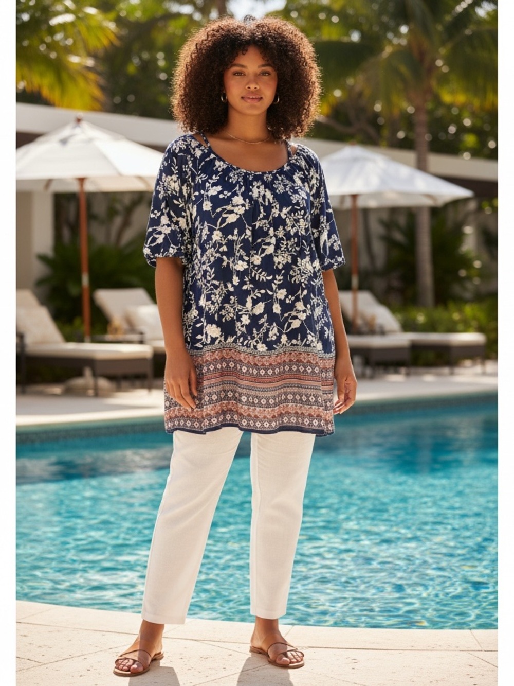 Indulge In Style Navy Floral Short Sleeved Boho Summer Comfortable Tunic Blouse